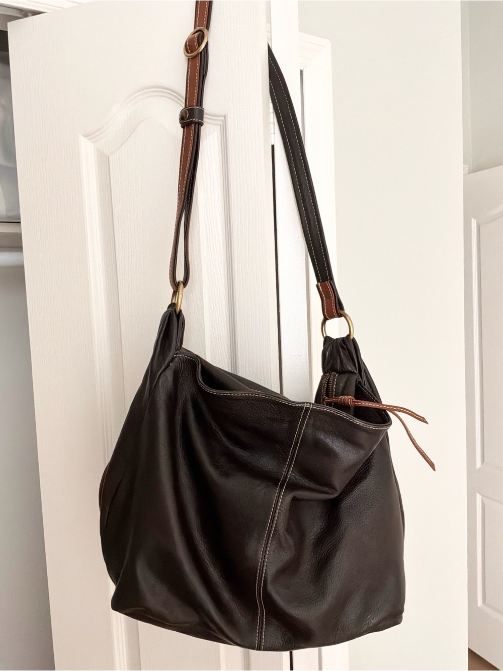 Vintage Slouchy Avorio Brown Leather Hobo Shoulder Bag crossbody